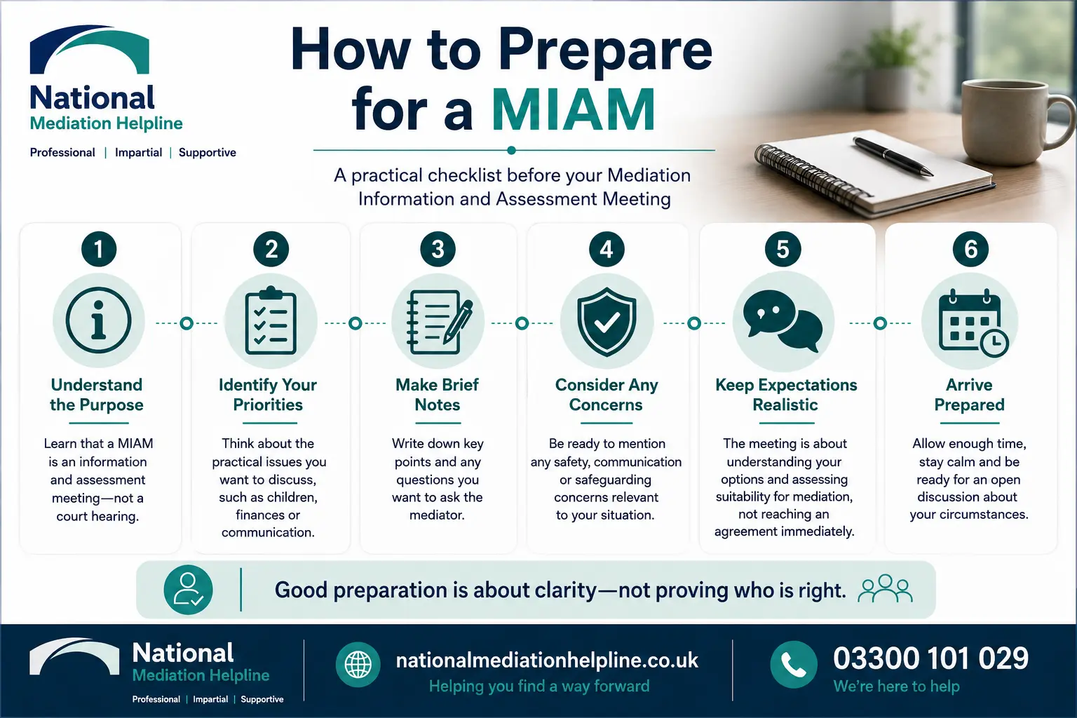 How to prepare for a miam in Cumbria How to prepare for a miam infographics , explaining How to prepare for a miam in Cumbria: Understand how to prepare for a miam in 6 Steps